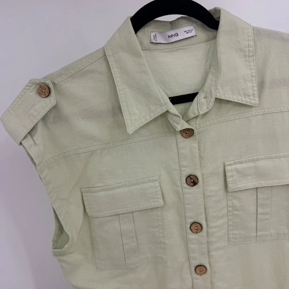 Mango MNG Women Light Green Linen Blend Utility Button Front Romper Size M 88638